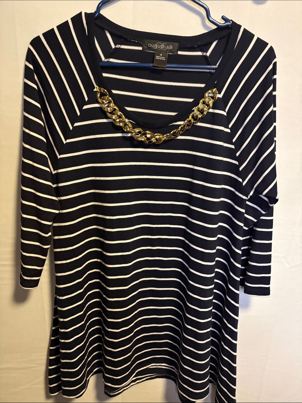 august silk Navy and White Striped Tunic with Gold Chain Detail